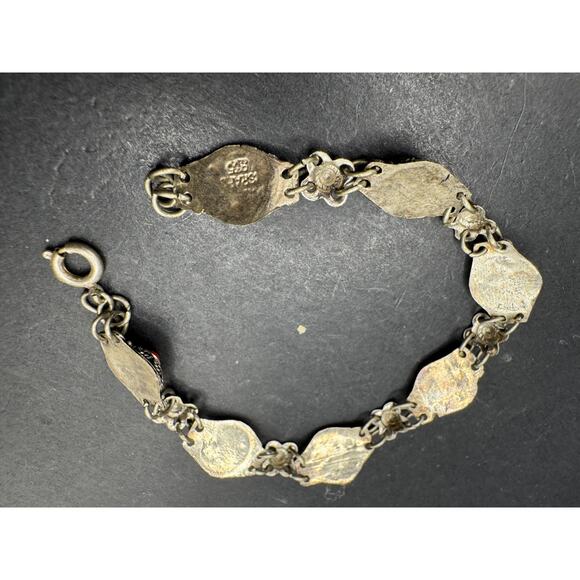 Coral Link Bracelet by Artie Yellowhorse - Native American  Vintage Israel Sterling Silver 925 Coral Red Stone Panel Link Bracelet Sz 6.75\